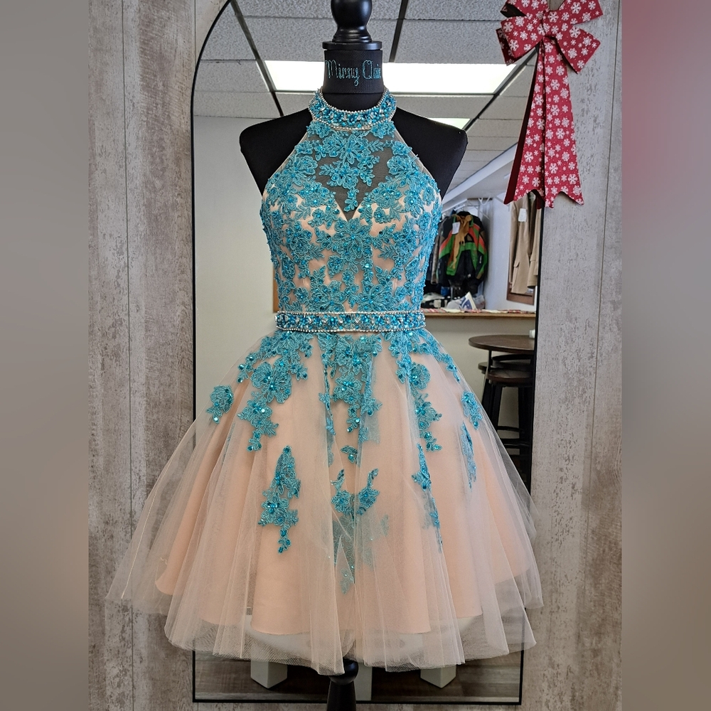 Mori Lee By Madeline Gardnee Size 4 Turquoise and Nude Formal Dress